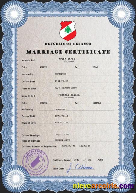Lebanon marriage certificate